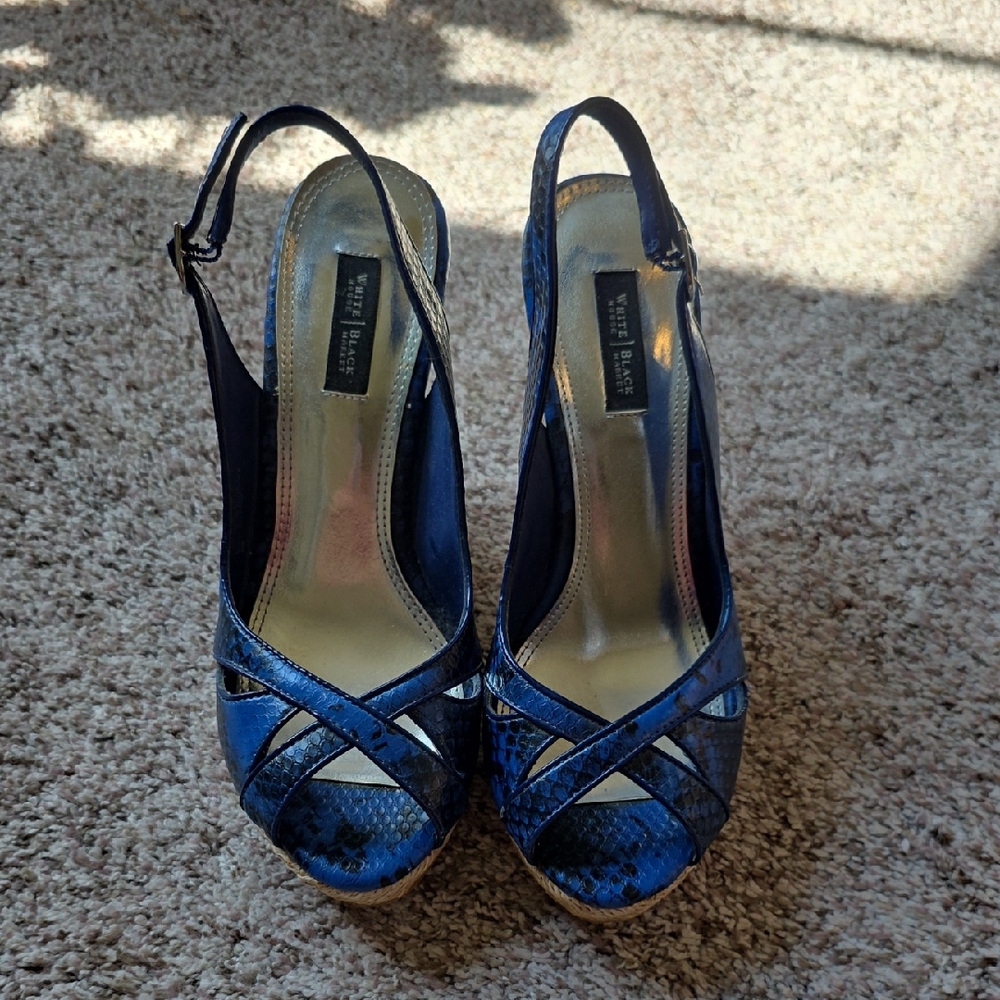 White House Black Market Blue Snakeskin Wedges